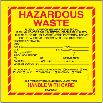 6 x 6" - "Hazardous Waste - California" Labels